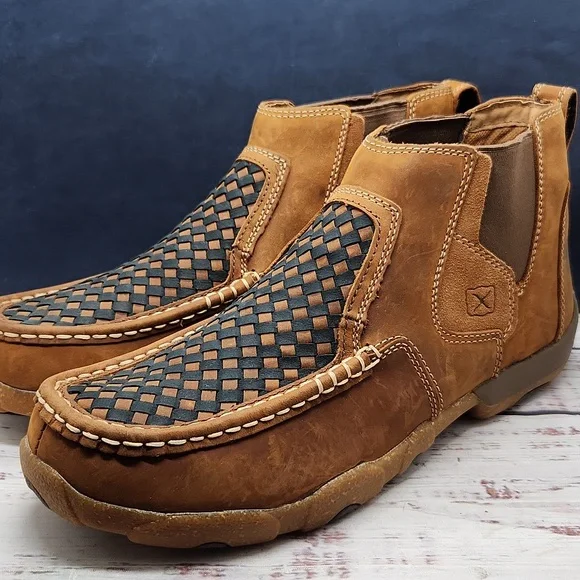 Twisted X Chelsea Driving Moc 4 Woven Tan Blue Leather Men's Size 11.5